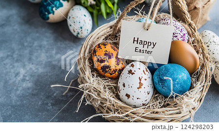 Happy Easter, rustic basket with colorful speckled eggs and a festive message card 124298203