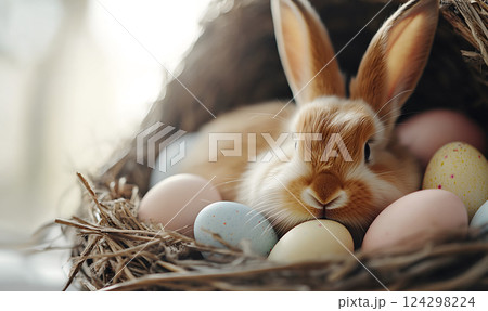 Happy Easter cozy rabbit resting in a nest with pastel-colored eggs, Happy Easter concept Happy Easter cozy rabbit resting in a nest with pastel-colored eggs, Happy Easter concept 124298224