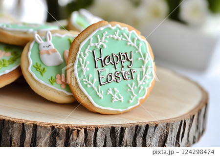 Rustic-Style Easter Cookies Displayed on a Wooden Log, Happy Easter concept 124298474
