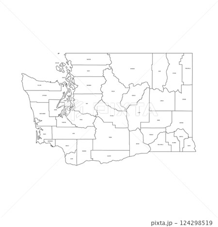 Washington, WA - detailed political map of US state. Administrative map divided into counties. Thin black outline map with county name labels. Vector illustration Washington, WA - detailed political map of US state. Administrative map divided into counties. Thin black outline map with county name labels. Vector illustration 124298519