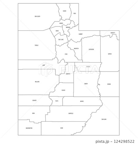 Utah, UT - detailed political map of US state. Administrative map divided into counties. Thin black outline map with county name labels. Vector illustration Utah, UT - detailed political map of US state. Administrative map divided into counties. Thin black outline map with county name labels. Vector illustration 124298522