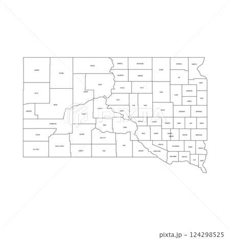 South Dakota, SD - detailed political map of US state. Administrative map divided into counties. Thin black outline map with county name labels. Vector illustration South Dakota, SD - detailed political map of US state. Administrative map divided into counties. Thin black outline map with county name labels. Vector illustration 124298525