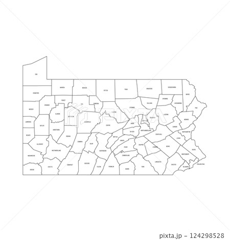 Pennsylvania, PA - detailed political map of US state. Administrative map divided into counties. Thin black outline map with county name labels. Vector illustration 124298528