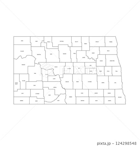 North Dakota, ND - detailed political map of US state. Administrative map divided into counties. Thin black outline map with county name labels. Vector illustration North Dakota, ND - detailed political map of US state. Administrative map divided into counties. Thin black outline map with county name labels. Vector illustration 124298548