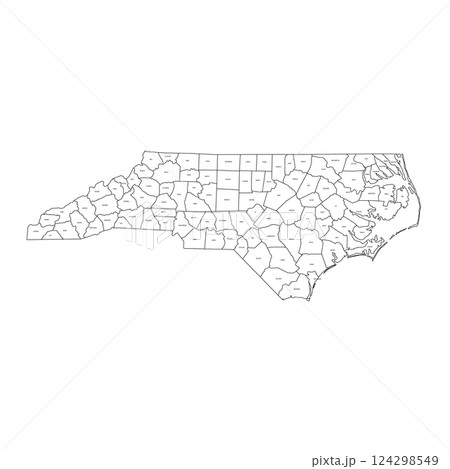 North Carolina, NC - detailed political map of US state. Administrative map divided into counties. Thin black outline map with county name labels. Vector illustration North Carolina, NC - detailed political map of US state. Administrative map divided into counties. Thin black outline map with county name labels. Vector illustration 124298549