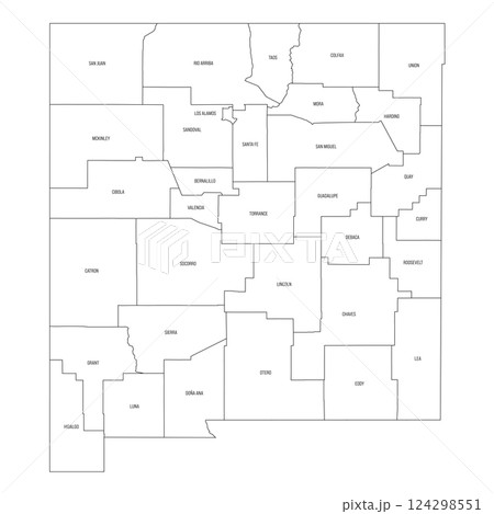 New Mexico, NM - detailed political map of US state. Administrative map divided into counties. Thin black outline map with county name labels. Vector illustration 124298551