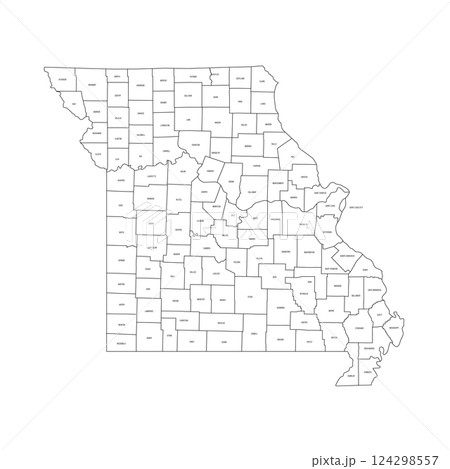 Missouri, MO - detailed political map of US state. Administrative map divided into counties. Thin black outline map with county name labels. Vector illustration Missouri, MO - detailed political map of US state. Administrative map divided into counties. Thin black outline map with county name labels. Vector illustration 124298557
