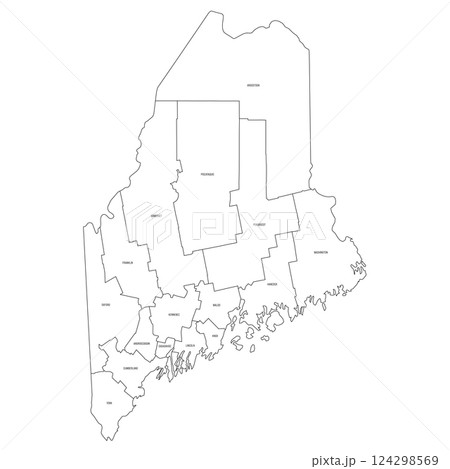 Maine, ME - detailed political map of US state. Administrative map divided into counties. Thin black outline map with county name labels. Vector illustration 124298569
