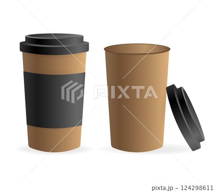 Paper coffee cup in 3d style on white background. Blank mockup. Mock up, template. Coffee drink. Paper coffee cup in 3d style on white background. Blank mockup. Mock up, template. Coffee drink. 124298611