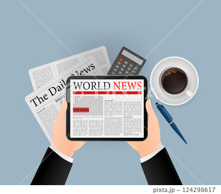 Tablet flat vector icon illustration. Online newspaper, business concept banner for any purposes. Vector design illustration. Business icon. 124298617