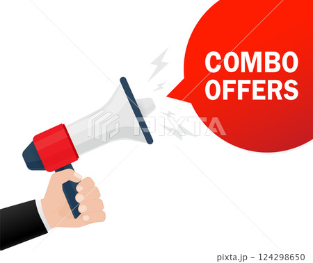 Template with red combo offers megaphone on white background for flyer design. Vector illustration in flat style. Template with red combo offers megaphone on white background for flyer design. Vector illustration in flat style. 124298650