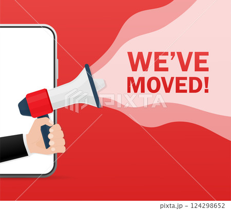 Template with red we have moved hand holding megaphone on red background for flyer design. Vector illustration in flat style. 124298652
