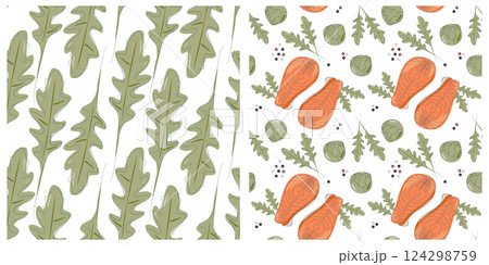 Arugula leaves Brussels sprout heads Salmon steak Seamless Pattern Healthy eating Background Set 2 Arugula leaves Brussels sprout heads Salmon steak Seamless Pattern Healthy eating Background Set 2 124298759