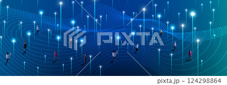 Crowd positioned across dotted tech landscape glowing with signals visualizing interactive network and real-time business flow. Crowd positioned across dotted tech landscape glowing with signals visualizing interactive network and real-time business flow. 124298864