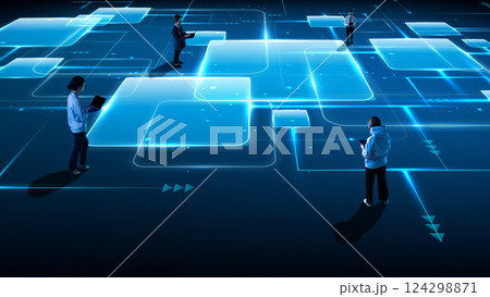 Digital world. People navigating glowing interface grid symbolizing smart technology, connectivity and virtual collaboration. Digital world. People navigating glowing interface grid symbolizing smart technology, connectivity and virtual collaboration. 124298871