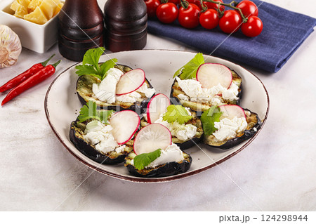 Grilled eggplant with cheese and radish Grilled eggplant with cheese and radish 124298944
