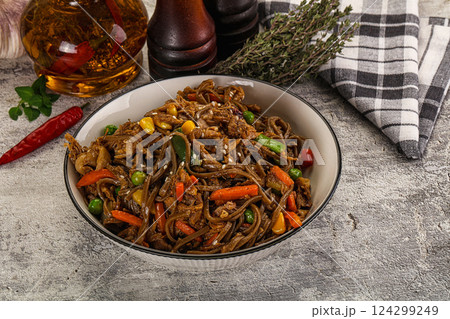 Soba with shredded pork and vegetables Soba with shredded pork and vegetables 124299249