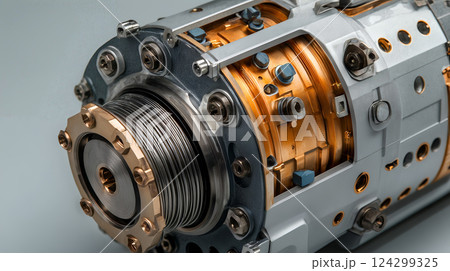 Detailed view of industrial metallic cylinder with bolts and copper components 124299325