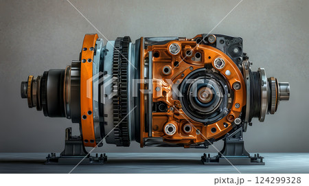 Cross-section of industrial gearbox with orange and metallic components on display 124299328