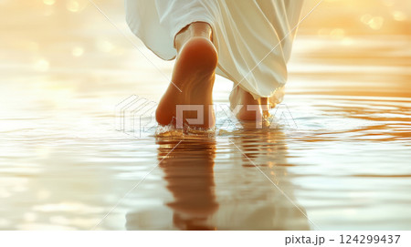 Jesus christ miraculously walking on water depicted in biblical scene for faith and inspiration themes 124299437