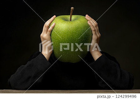 Surreal portrait of person with green apple for head against dark background 124299496