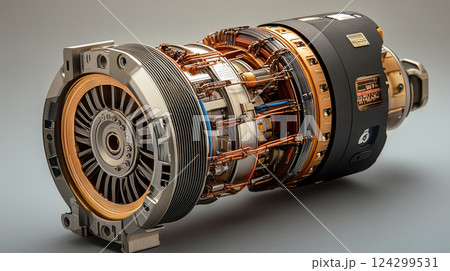 Detailed view of advanced electric motor with copper wiring and industrial components Detailed view of advanced electric motor with copper wiring and industrial components 124299531
