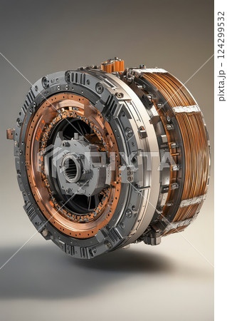 Detailed view of advanced electric motor with copper coils and industrial mechanical components Detailed view of advanced electric motor with copper coils and industrial mechanical components 124299532