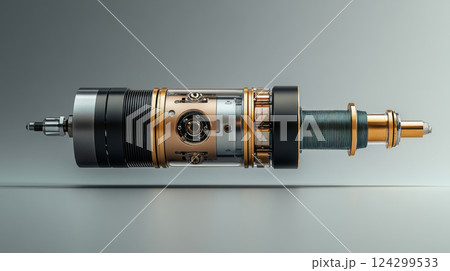 Futuristic mechanical cylinder with complex components and metallic details on a neutral background Futuristic mechanical cylinder with complex components and metallic details on a neutral background 124299533