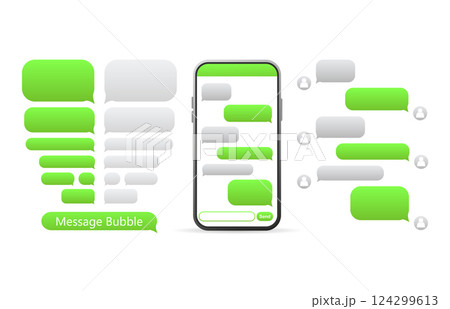 Flat green button on white background. Talk bubble speech icon. Template chat, message. Template design. Flat vector illustration. Phone icon vector. 124299613