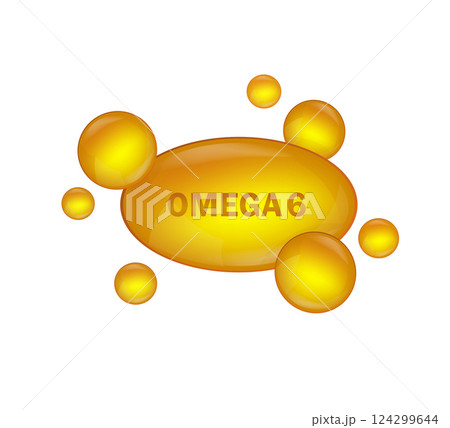 Golden omega 6 on white background. Vector design. Logo design. Logo fish. Isolated vector sign symbol. 124299644