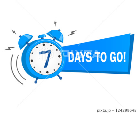 Seven days to go. Vector stock illustration on white background. label, blue alarm clock flat with ribbon, promotion icon. Seven days to go. Vector stock illustration on white background. label, blue alarm clock flat with ribbon, promotion icon. 124299648