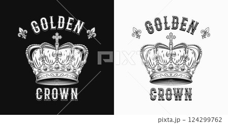 Black and white label with imperial crown, fleur de lis sign, text. Detailed composition in vintage style. Black and white label with imperial crown, fleur de lis sign, text. Detailed composition in vintage style. 124299762