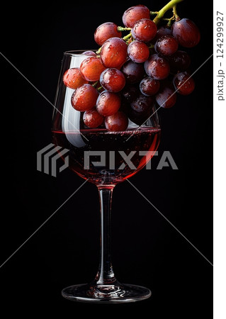 Elegant wine glass filled with grapes against a striking black background Elegant wine glass filled with grapes against a striking black background 124299927