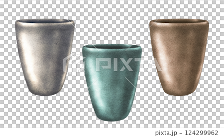 Planters of various colors with green, silver, cooper metallic textures. Modern flower pot, vase for plants and bouquets. Watercolor container template for indoor, garden flowers, plants, trees 124299962
