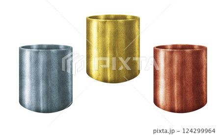 Planters of various shapes with gold, brass, bronze, silver, cooper metallic textures. Flower pot, vase for plants and bouquets. Watercolor container template for indoor, garden flowers, plants, trees Planters of various shapes with gold, brass, bronze, silver, cooper metallic textures. Flower pot, vase for plants and bouquets. Watercolor container template for indoor, garden flowers, plants, trees 124299964