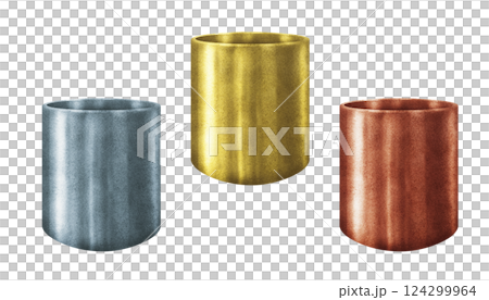 Planters of various shapes with gold, brass, bronze, silver, cooper metallic textures. Flower pot, vase for plants and bouquets. Watercolor container template for indoor, garden flowers, plants, trees 124299964