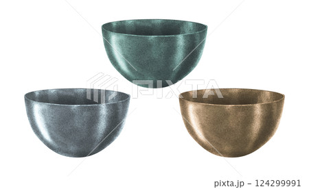 Planters of various colors with green, silver, cooper metallic textures. Modern flower pot, vase for plants and bouquets. Watercolor container template for indoor, garden flowers, plants, trees 124299991