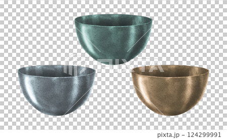 Planters of various colors with green, silver, cooper metallic textures. Modern flower pot, vase for plants and bouquets. Watercolor container template for indoor, garden flowers, plants, trees 124299991