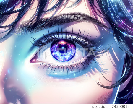 ホログラフィックディスプレイと瞳のアップのイラスト素材 124300012