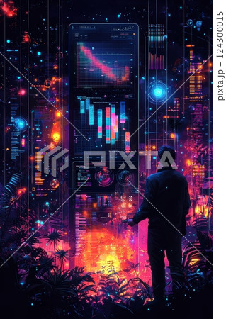 Man analyzing futuristic AI data visualization on a high-tech computer screen 124300015