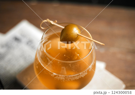 A glass of homemade Umeshu Plum Wine with soda 124300058