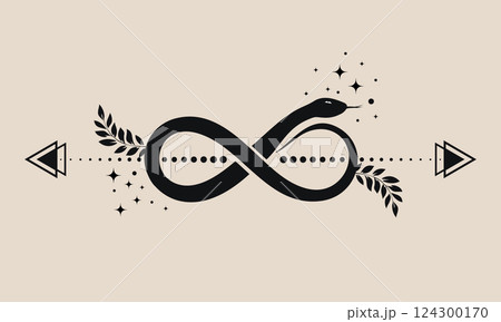 Infinity snake, mystical serpent curled up in shape of infinity sign, celestial eight knot symbol. Pagan wiccan design. Magic illustration for spiritual practices of ethnic magic and rites, isolated 124300170