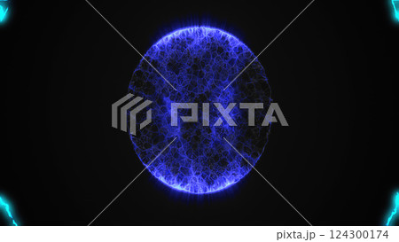 A blue sphere dotted with lights, floating in a dark expanse, reminiscent of a celestial body in a distant galaxy, highlighting abstract and digital art elements 124300174