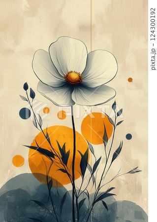 Elegant white flower with artistic yellow and blue accents in nature 124300192