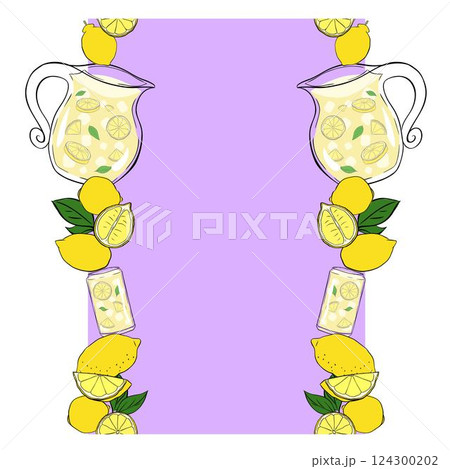 Lemonade with lemons whole and slices, green leaves seamless vertical border frame. Vector yellow colored graphic line ink illustration. art for food design, recipe, cook book, packages, menu Lemonade with lemons whole and slices, green leaves seamless vertical border frame. Vector yellow colored graphic line ink illustration. art for food design, recipe, cook book, packages, menu 124300202
