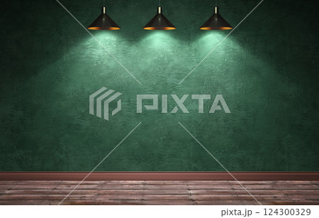 Big modern room with green plaster wall and directional light Big modern room with green plaster wall and directional light 124300329
