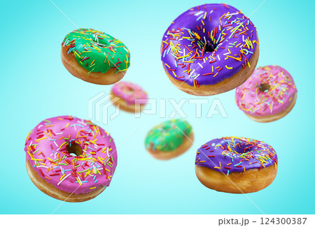 Colorful donuts with icing on colorful background. Colorful donuts with icing on colorful background. 124300387