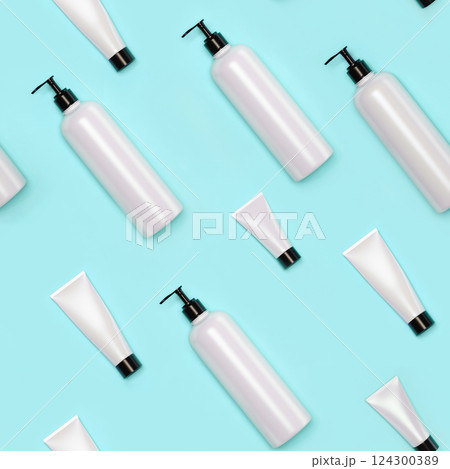 3d seamless pattern of flat lay cosmetic set. 3d seamless pattern of flat lay cosmetic set. 124300389