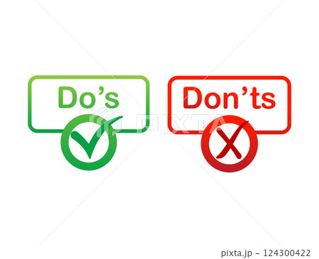 Do's and don'ts red and green badge. Simple flat modern info logotype graphic design isolated on white background. Concept of rules of conduct for people like fail or incorrect decision. Do's and don'ts red and green badge. Simple flat modern info logotype graphic design isolated on white background. Concept of rules of conduct for people like fail or incorrect decision. 124300422