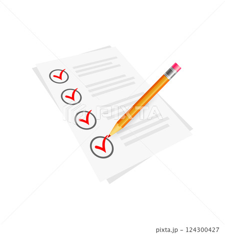 Vector red check mark symbol and icon on checklist with pencil for approved design Vector red check mark symbol and icon on checklist with pencil for approved design 124300427